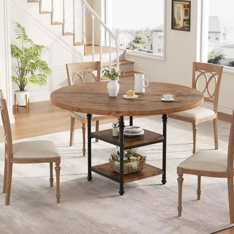 Round Wooden Dining Table for 4-6, Modern 3-Layer Kitchen Table with Storage Shelves and Roman Metal Legs, Ideal for Dining Room and Living Room.