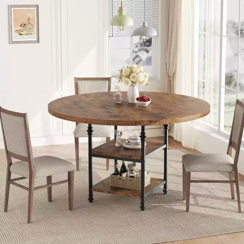 Round Wooden Dining Table for 4-6, Modern 3-Layer Kitchen Table with Storage Shelves and Roman Metal Legs, Ideal for Dining Room and Living Room.