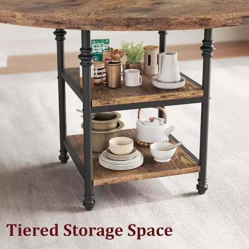 Round Wooden Dining Table for 4-6, Modern 3-Layer Kitchen Table with Storage Shelves and Roman Metal Legs, Ideal for Dining Room and Living Room.