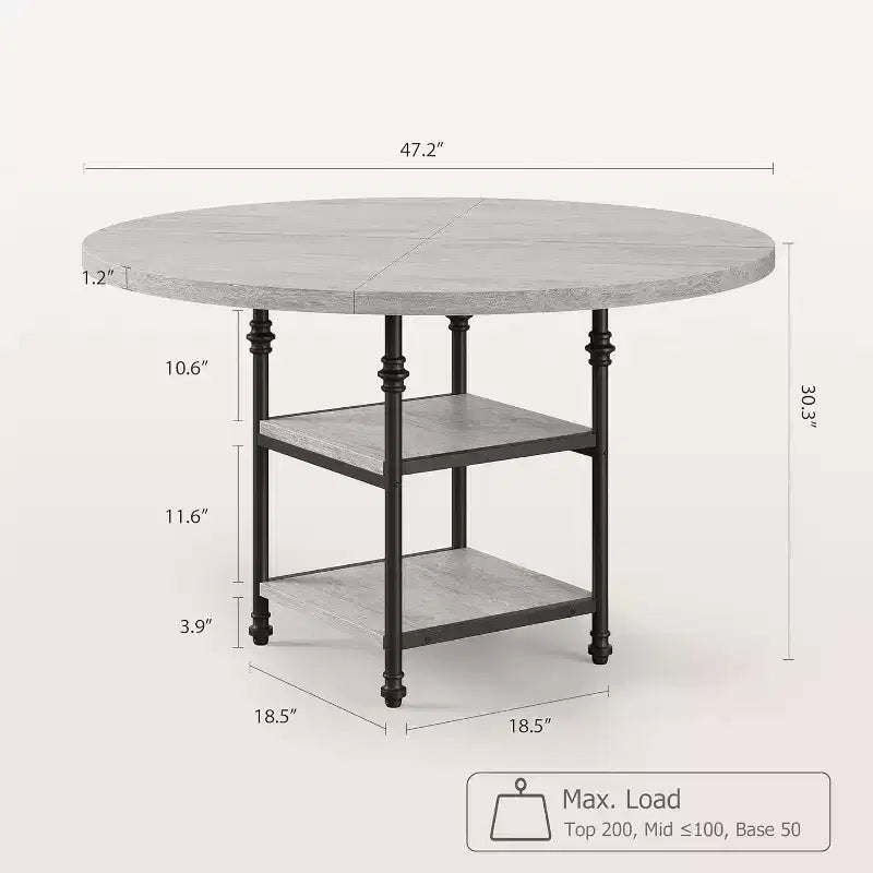 Round Wooden Dining Table for 4-6, Modern 3-Layer Kitchen Table with Storage Shelves and Roman Metal Legs, Ideal for Dining Room and Living Room.