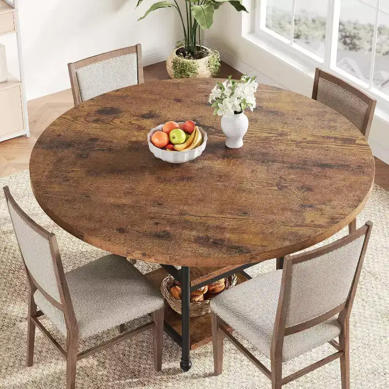 Round Wooden Dining Table for 4-6, Modern 3-Layer Kitchen Table with Storage Shelves and Roman Metal Legs, Ideal for Dining Room and Living Room.