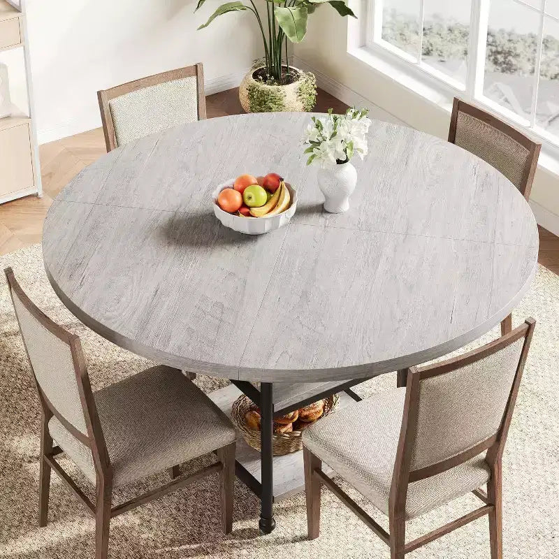 Round Wooden Dining Table for 4-6, Modern 3-Layer Kitchen Table with Storage Shelves and Roman Metal Legs, Ideal for Dining Room and Living Room.