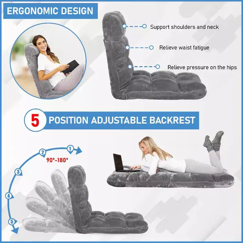 BestMassage Floor Chair Multi-Angle Floor Seating Reading Chair Gaming Chair with Adjustable Back Support, Grey