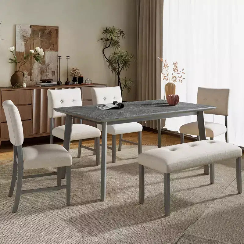 6 Piece Vintage Dining Table Set for 6, Farmhouse Dining Set with 4 Upholstered Dining Chairs & Bench, Natural Wood Wash/Gray - ModernLuxe