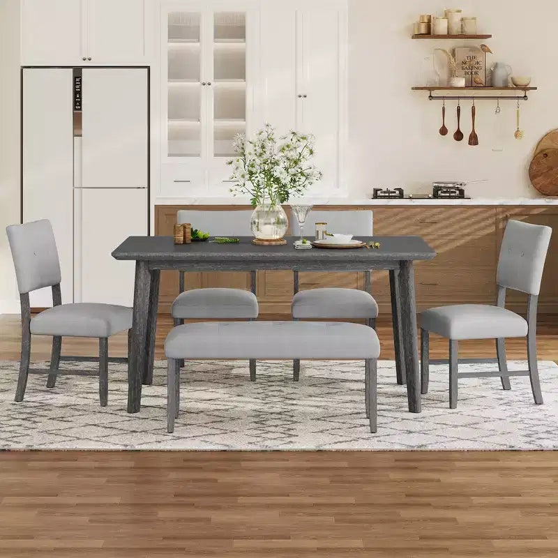 6 Piece Vintage Dining Table Set for 6, Farmhouse Dining Set with 4 Upholstered Dining Chairs & Bench, Natural Wood Wash/Gray - ModernLuxe