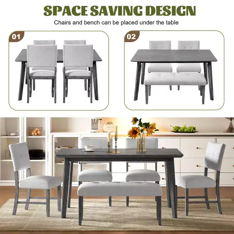 6 Piece Vintage Dining Table Set for 6, Farmhouse Dining Set with 4 Upholstered Dining Chairs & Bench, Natural Wood Wash/Gray - ModernLuxe