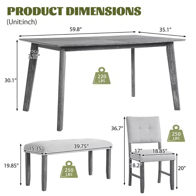6 Piece Vintage Dining Table Set for 6, Farmhouse Dining Set with 4 Upholstered Dining Chairs & Bench, Natural Wood Wash/Gray - ModernLuxe