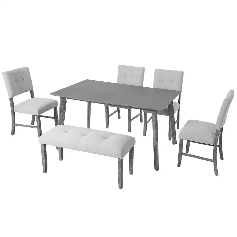 6 Piece Vintage Dining Table Set for 6, Farmhouse Dining Set with 4 Upholstered Dining Chairs & Bench, Natural Wood Wash/Gray - ModernLuxe