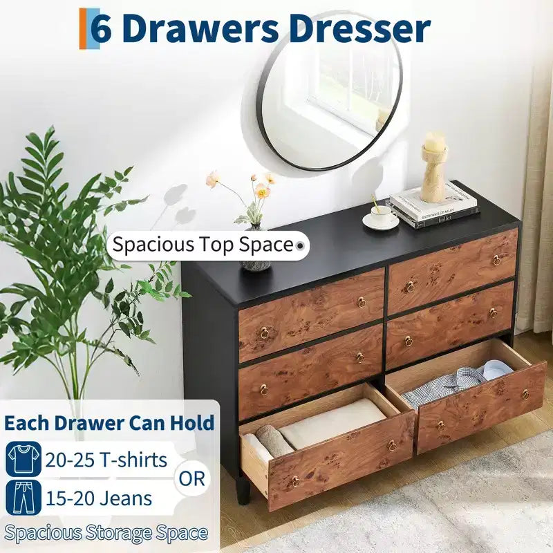 5 Drawers Dresser for Bedroom, 46 Tall Modern Chest of Drawers with Vintage Circle Handle w/Curved Profile Design, Wood Dresser for Bedroom