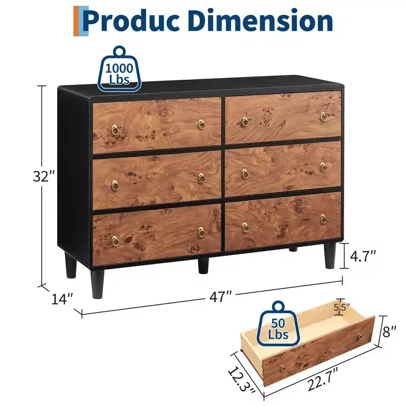 5 Drawers Dresser for Bedroom, 46 Tall Modern Chest of Drawers with Vintage Circle Handle w/Curved Profile Design, Wood Dresser for Bedroom