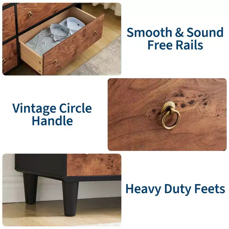 5 Drawers Dresser for Bedroom, 46 Tall Modern Chest of Drawers with Vintage Circle Handle w/Curved Profile Design, Wood Dresser for Bedroom