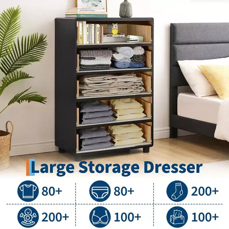 5 Drawers Dresser for Bedroom, 46 Tall Modern Chest of Drawers with Vintage Circle Handle w/Curved Profile Design, Wood Dresser for Bedroom