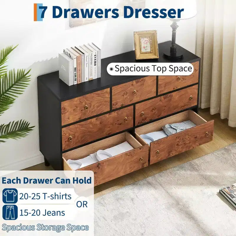 5 Drawers Dresser for Bedroom, 46 Tall Modern Chest of Drawers with Vintage Circle Handle w/Curved Profile Design, Wood Dresser for Bedroom