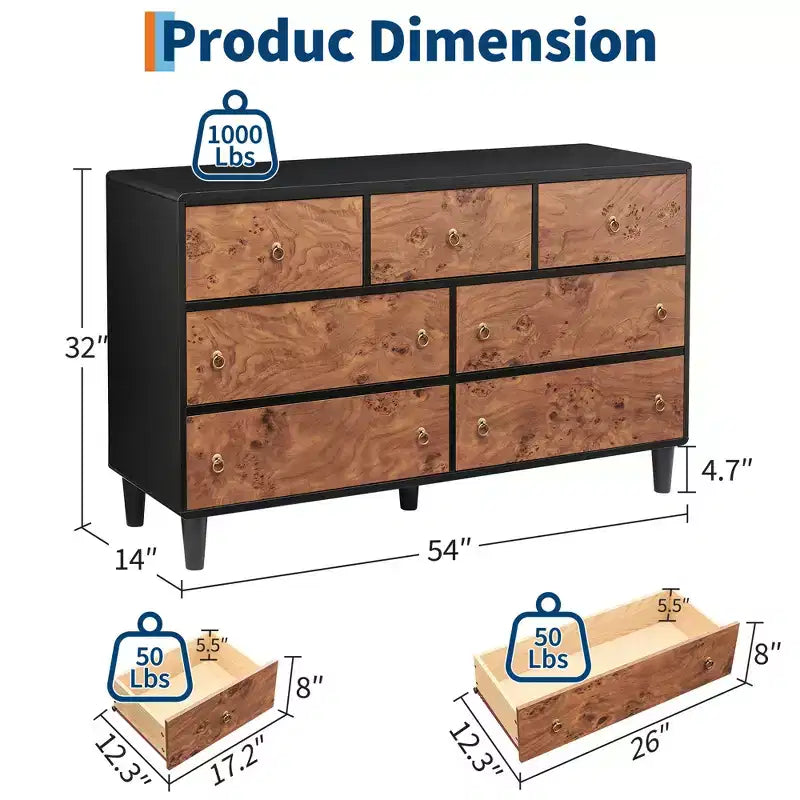 5 Drawers Dresser for Bedroom, 46 Tall Modern Chest of Drawers with Vintage Circle Handle w/Curved Profile Design, Wood Dresser for Bedroom
