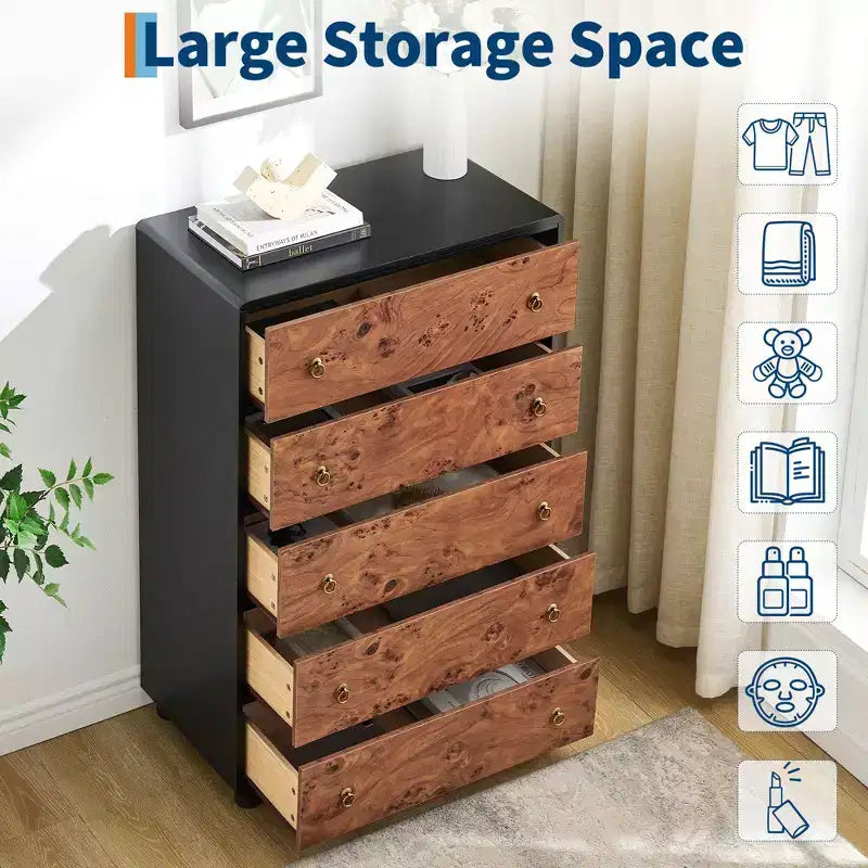 5 Drawers Dresser for Bedroom, 46 Tall Modern Chest of Drawers with Vintage Circle Handle w/Curved Profile Design, Wood Dresser for Bedroom