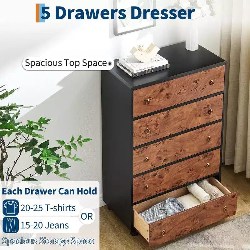5 Drawers Dresser for Bedroom, 46 Tall Modern Chest of Drawers with Vintage Circle Handle w/Curved Profile Design, Wood Dresser for Bedroom