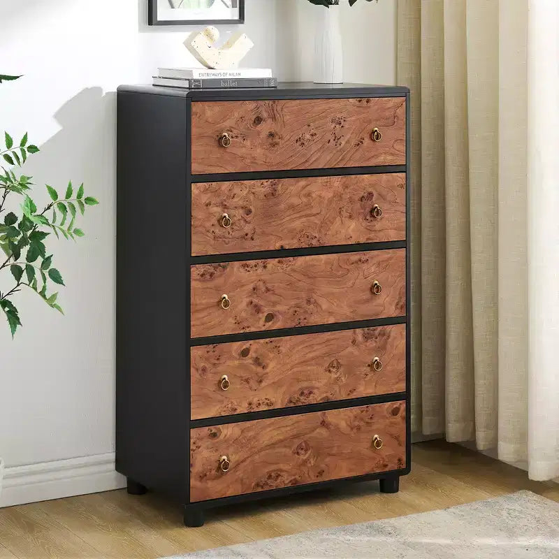 5 Drawers Dresser for Bedroom, 46 Tall Modern Chest of Drawers with Vintage Circle Handle w/Curved Profile Design, Wood Dresser for Bedroom