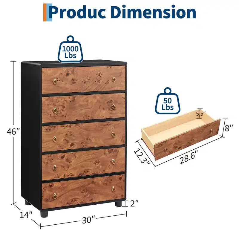 5 Drawers Dresser for Bedroom, 46 Tall Modern Chest of Drawers with Vintage Circle Handle w/Curved Profile Design, Wood Dresser for Bedroom