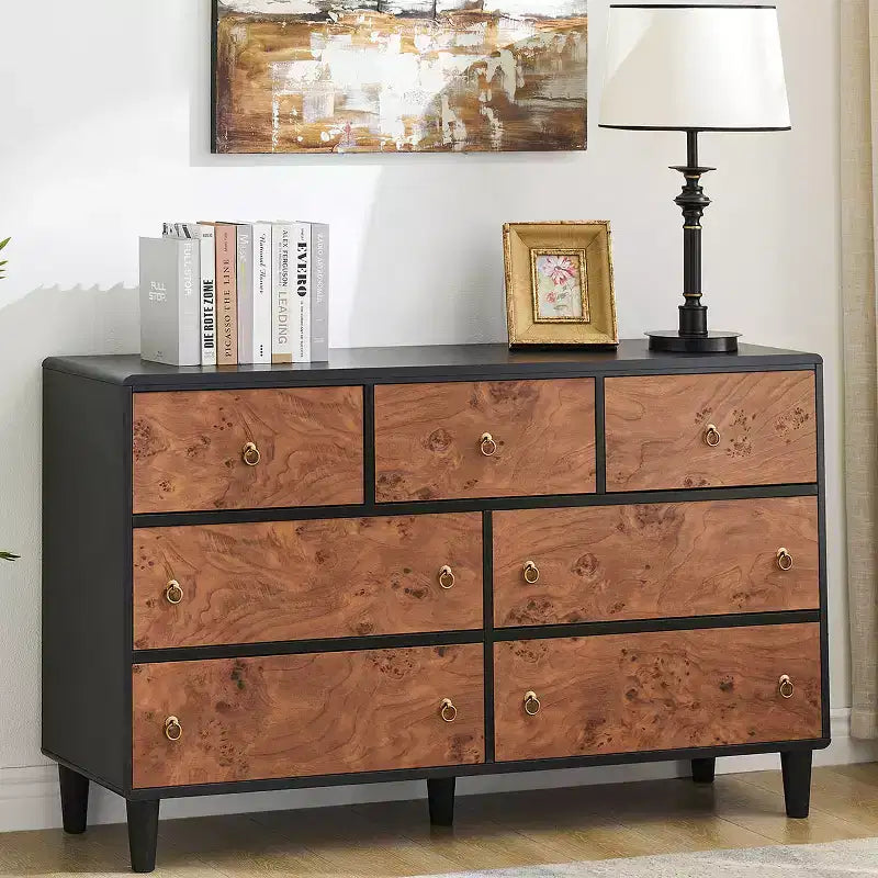 5 Drawers Dresser for Bedroom, 46 Tall Modern Chest of Drawers with Vintage Circle Handle w/Curved Profile Design, Wood Dresser for Bedroom