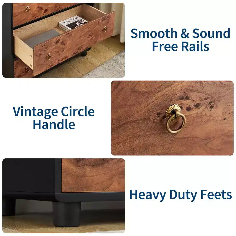5 Drawers Dresser for Bedroom, 46 Tall Modern Chest of Drawers with Vintage Circle Handle w/Curved Profile Design, Wood Dresser for Bedroom