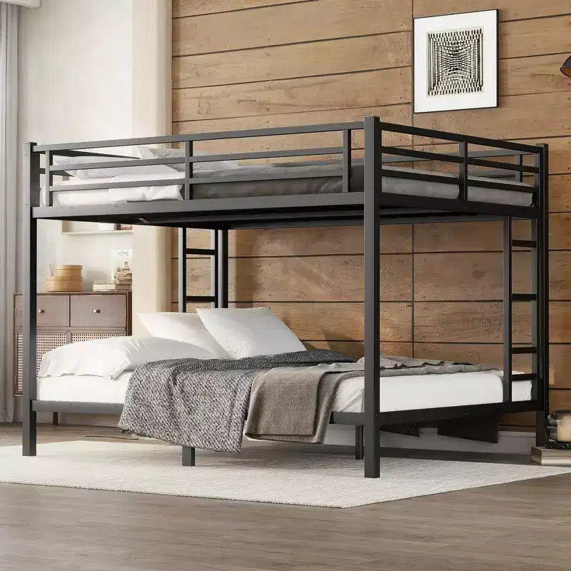 Queen over Queen Metal Bunk Bed for Teens & Adults, Space-Saving Bed Frame, No Box Spring Needed, White/Black - ModernLuxe