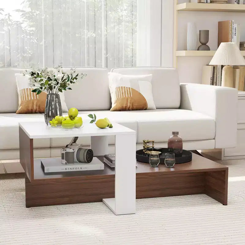 Costway 2-Tier Geometric Coffee Table Center Table with Storage Shelves Home Modern