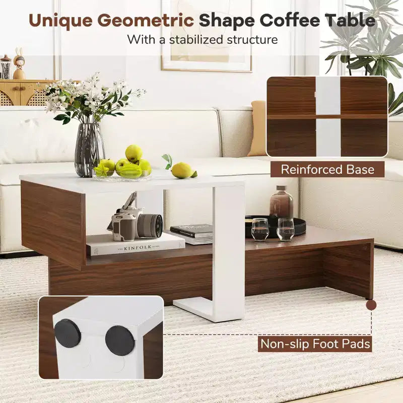 Costway 2-Tier Geometric Coffee Table Center Table with Storage Shelves Home Modern