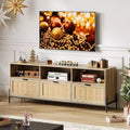 75'' TV Stand, Mid-Century PE Rattan Media Console with 3 Drawers & Shelves - Metal Legs for Living Room/Bedroom