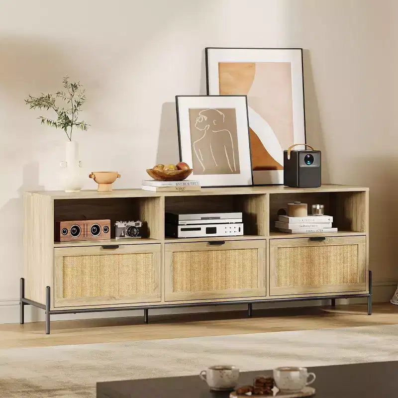 75'' TV Stand, Mid-Century PE Rattan Media Console with 3 Drawers & Shelves - Metal Legs for Living Room/Bedroom