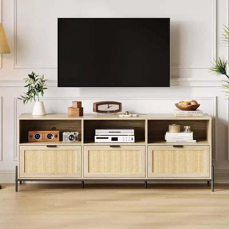 75'' TV Stand, Mid-Century PE Rattan Media Console with 3 Drawers & Shelves - Metal Legs for Living Room/Bedroom