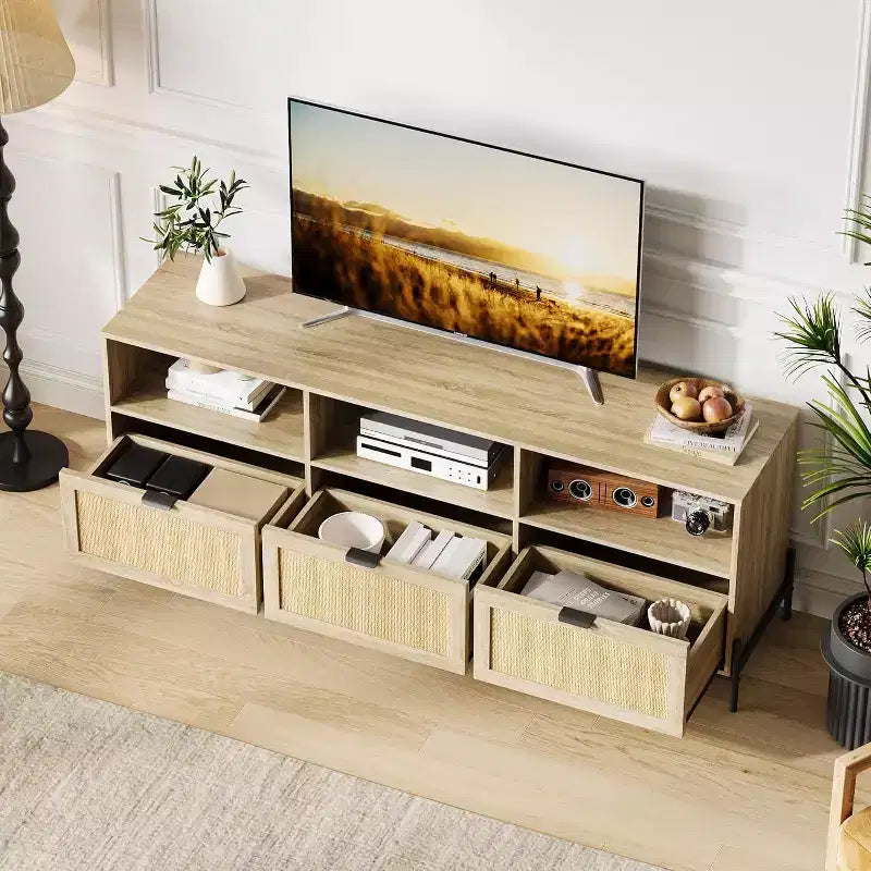 75'' TV Stand, Mid-Century PE Rattan Media Console with 3 Drawers & Shelves - Metal Legs for Living Room/Bedroom