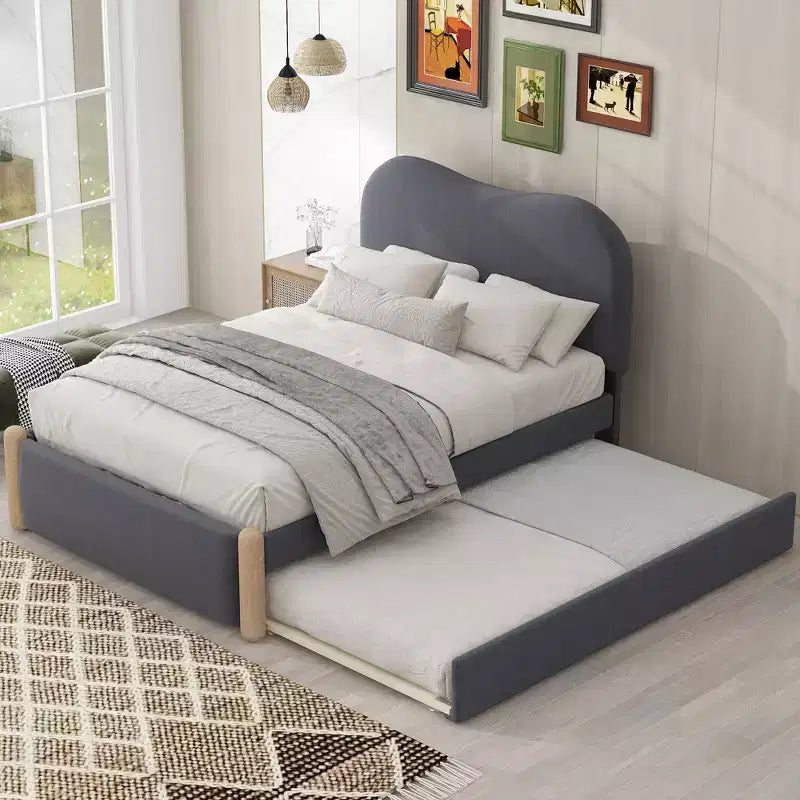 Whisen Twin Size Upholstered Platform Bed with Wood Supporting Feet and Twin Size Trundle