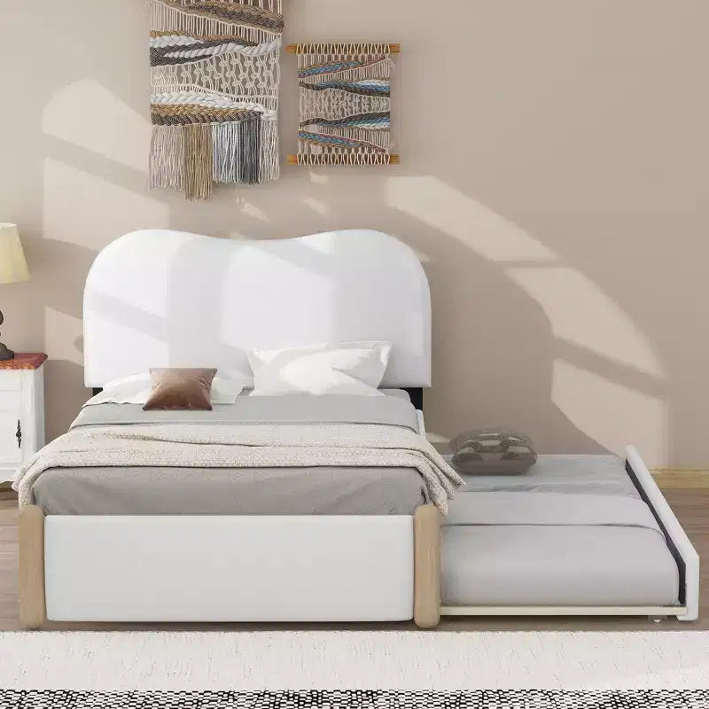 Whisen Twin Size Upholstered Platform Bed with Wood Supporting Feet and Twin Size Trundle