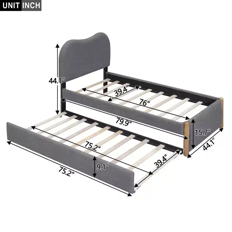 Whisen Twin Size Upholstered Platform Bed with Wood Supporting Feet and Twin Size Trundle