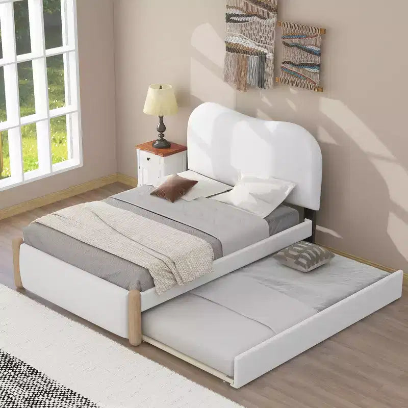 Whisen Twin Size Upholstered Platform Bed with Wood Supporting Feet and Twin Size Trundle