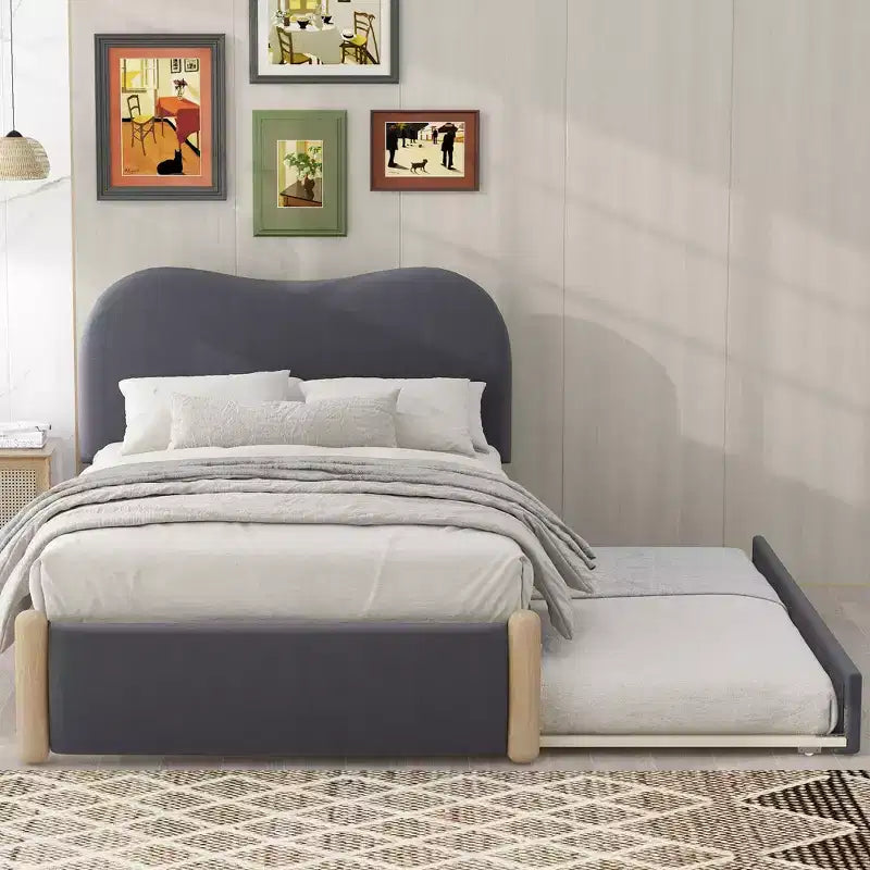 Whisen Twin Size Upholstered Platform Bed with Wood Supporting Feet and Twin Size Trundle