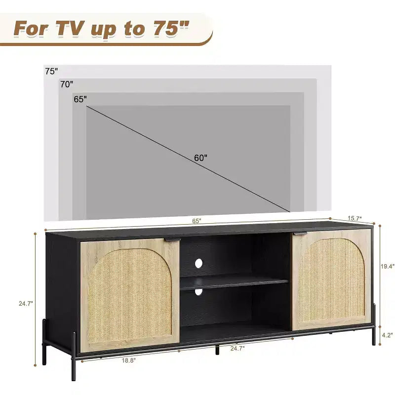 Meuble TV en rotin arqué avec cadre en métal - Armoire de rangement en panneaux de particules/MDF, noir/chêne pour téléviseurs de 75 pouces