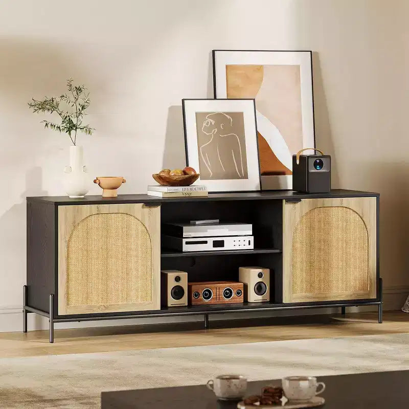 Meuble TV en rotin arqué avec cadre en métal - Armoire de rangement en panneaux de particules/MDF, noir/chêne pour téléviseurs de 75 pouces