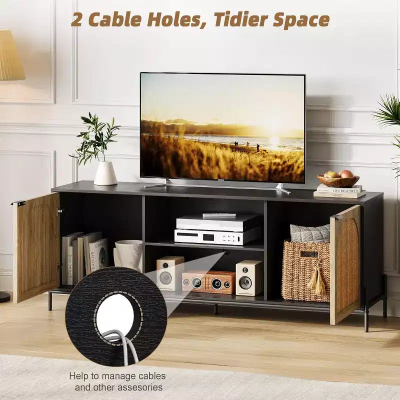 Meuble TV en rotin arqué avec cadre en métal - Armoire de rangement en panneaux de particules/MDF, noir/chêne pour téléviseurs de 75 pouces