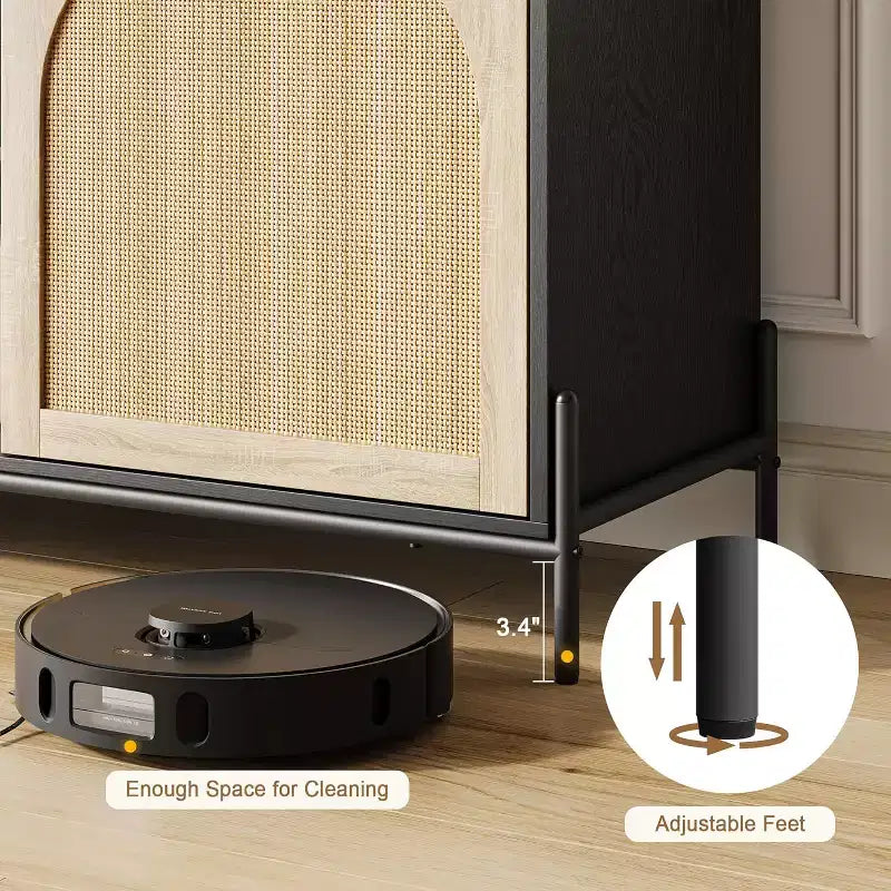 Meuble TV en rotin arqué avec cadre en métal - Armoire de rangement en panneaux de particules/MDF, noir/chêne pour téléviseurs de 75 pouces