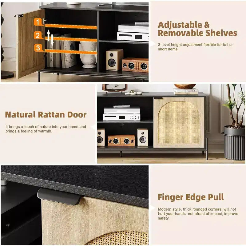 Meuble TV en rotin arqué avec cadre en métal - Armoire de rangement en panneaux de particules/MDF, noir/chêne pour téléviseurs de 75 pouces