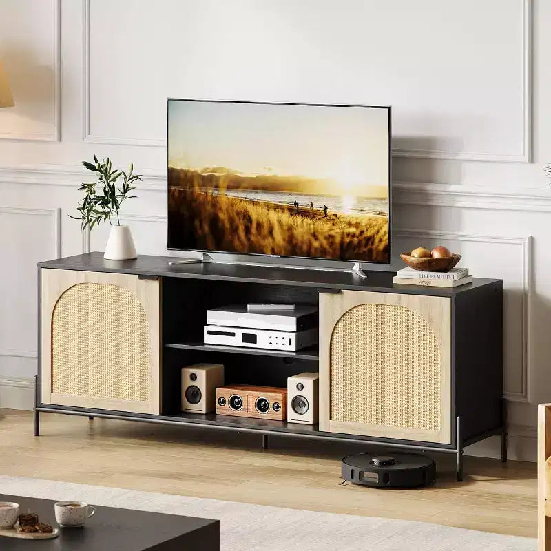 Meuble TV en rotin arqué avec cadre en métal - Armoire de rangement en panneaux de particules/MDF, noir/chêne pour téléviseurs de 75 pouces