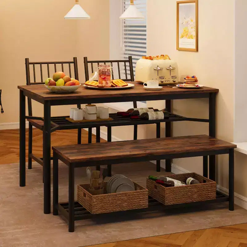 Dining Table Set for 4 with Bench and 2 Chairs, Rectangular Kitchen Table Set with Wine Rack, Dining Room Table Set for 4