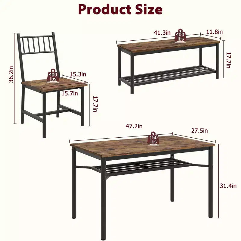 Ensemble de salle à manger pour 4 personnes avec banc et 2 chaises, table de cuisine rectangulaire avec porte-bouteilles, ensemble de salle à manger pour 4 personnes