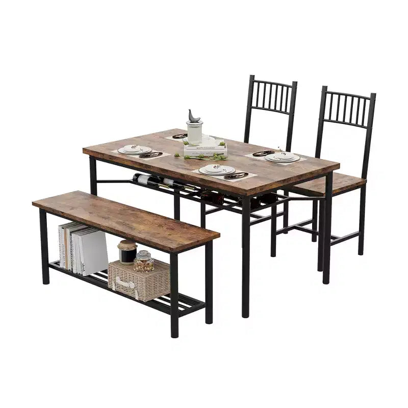 Ensemble de salle à manger pour 4 personnes avec banc et 2 chaises, table de cuisine rectangulaire avec porte-bouteilles, ensemble de salle à manger pour 4 personnes