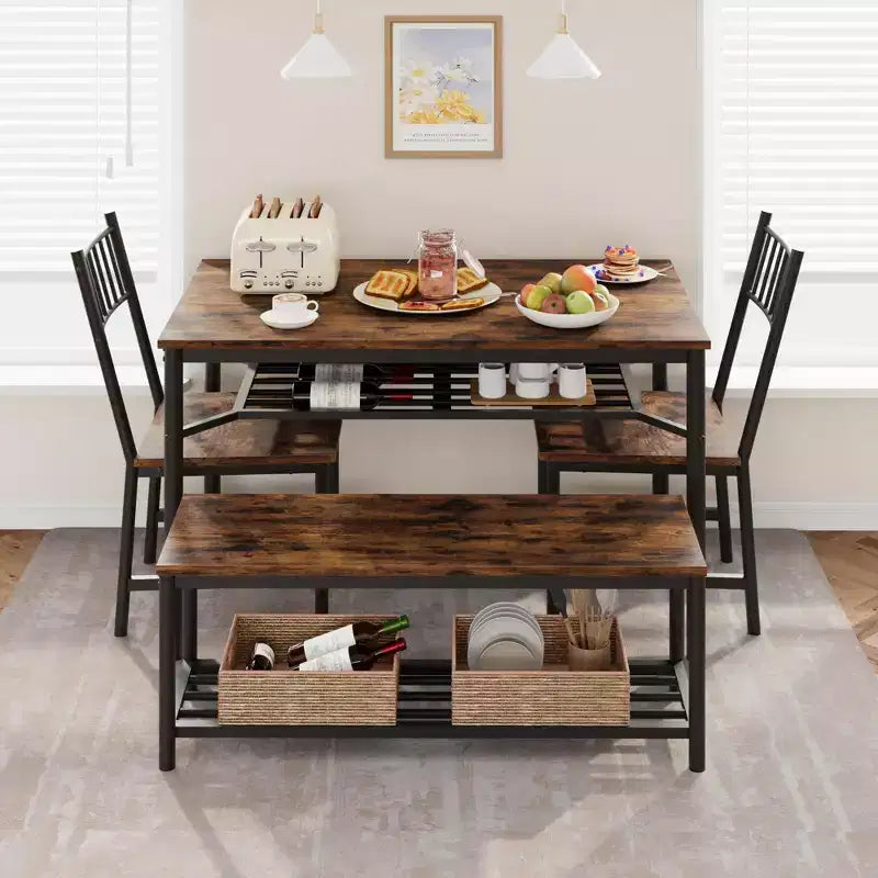 Ensemble de salle à manger pour 4 personnes avec banc et 2 chaises, table de cuisine rectangulaire avec porte-bouteilles, ensemble de salle à manger pour 4 personnes