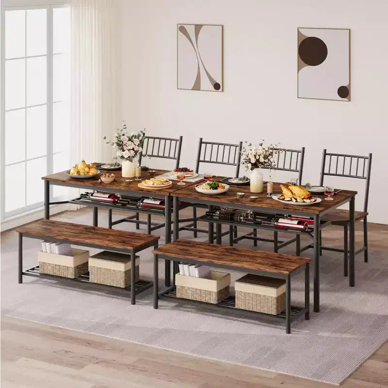 Ensemble de salle à manger pour 4 personnes avec banc et 2 chaises, table de cuisine rectangulaire avec porte-bouteilles, ensemble de salle à manger pour 4 personnes