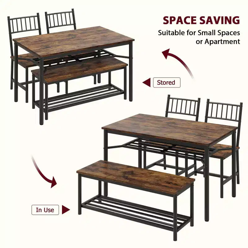 Ensemble de salle à manger pour 4 personnes avec banc et 2 chaises, table de cuisine rectangulaire avec porte-bouteilles, ensemble de salle à manger pour 4 personnes