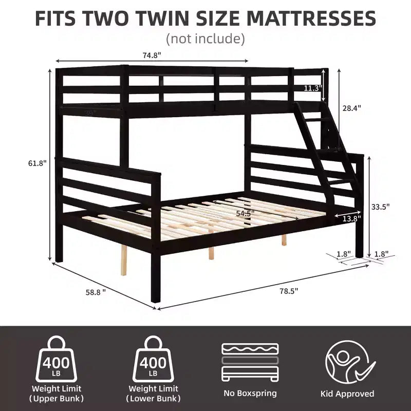 Twin over Full Bunk Bed with Ladder,Wooden Bunk Bed with High Guardrail ,No Box Spring Needed,Natural