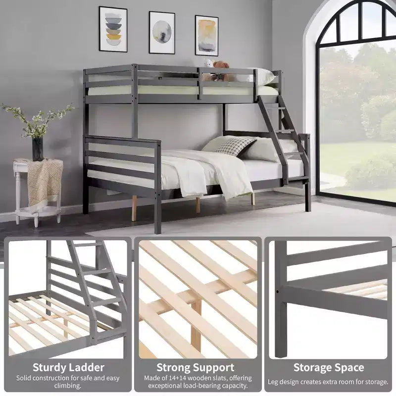 Twin over Full Bunk Bed with Ladder,Wooden Bunk Bed with High Guardrail ,No Box Spring Needed,Natural